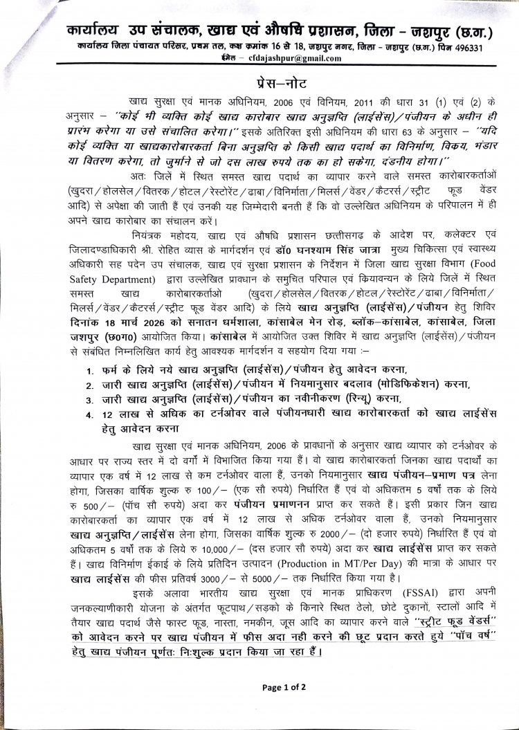 बिना लाइसेंस खाद्य कारोबार करने पर लगेगा 10 लाख तक का जुर्माना, जशपुर प्रशासन सख्त