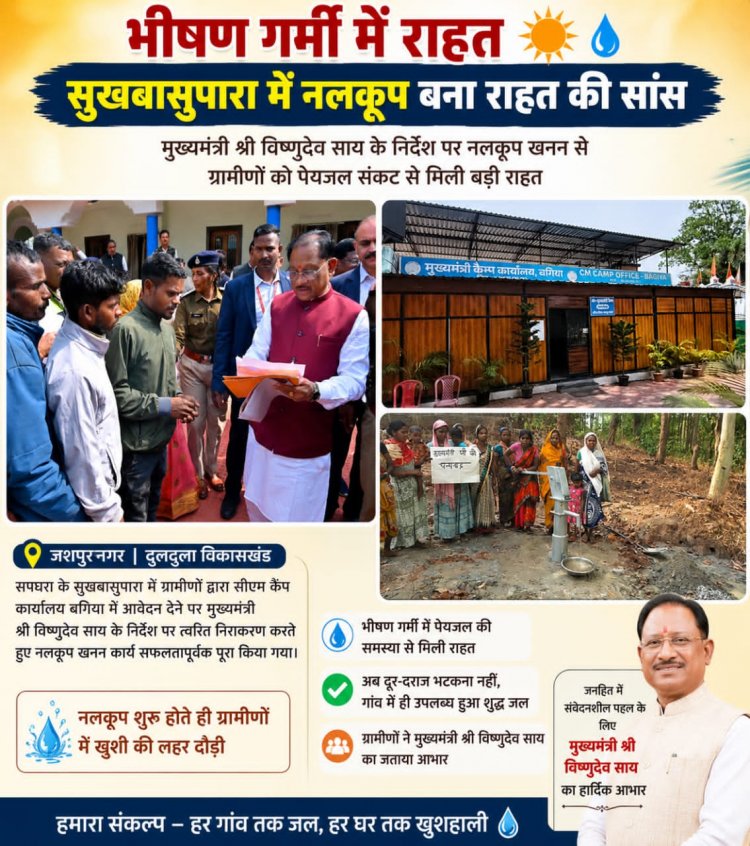 मुख्यमंत्री विष्णुदेव साय के निर्देश पर एक्शन: आवेदन के चंद दिनों भीतर सुखबासुपारा को मिली पेयजल की सौगात