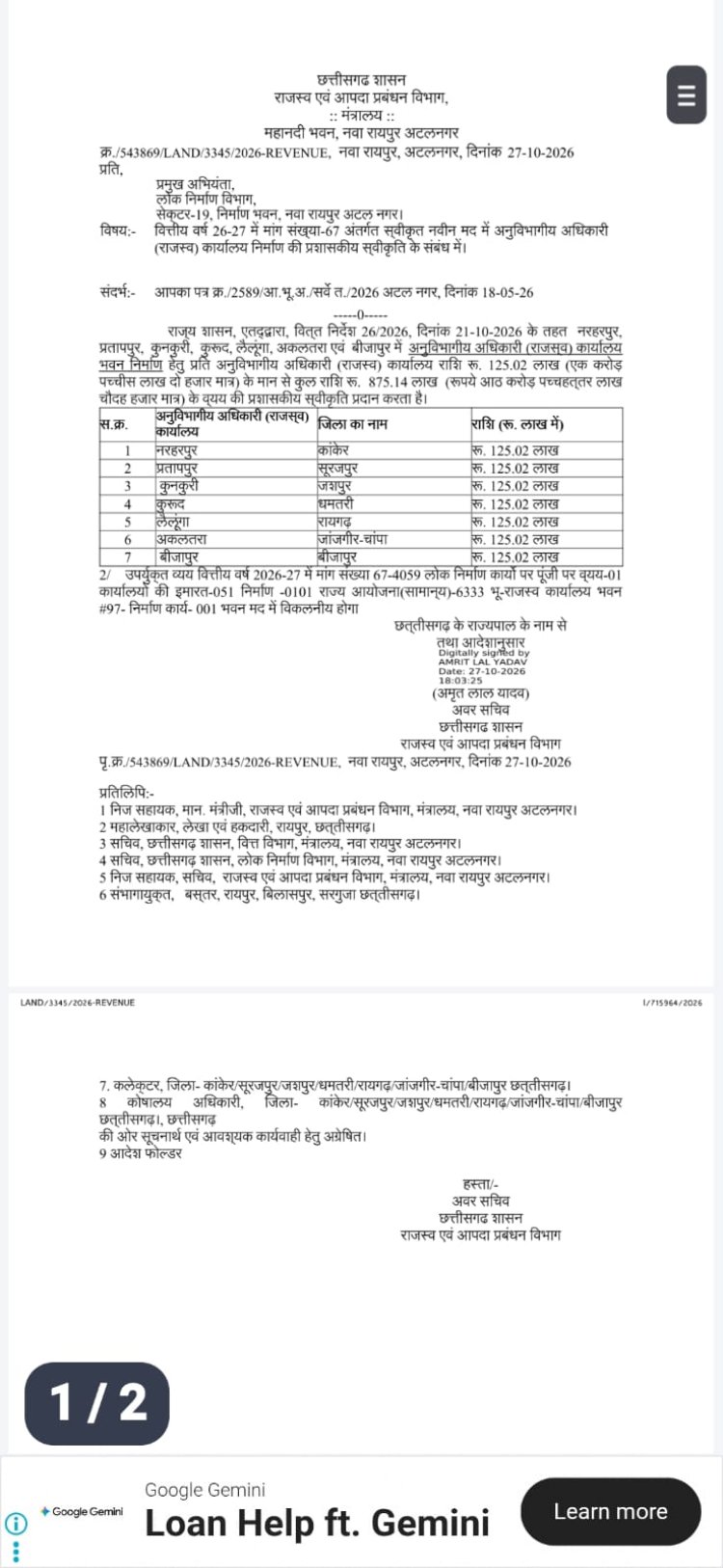 कुनकुरी में जल्द बनेगा नया अनुविभागीय कार्यालय भवन, शासन से 1.25 करोड़ रुपये की प्रशासकीय स्वीकृति जारी