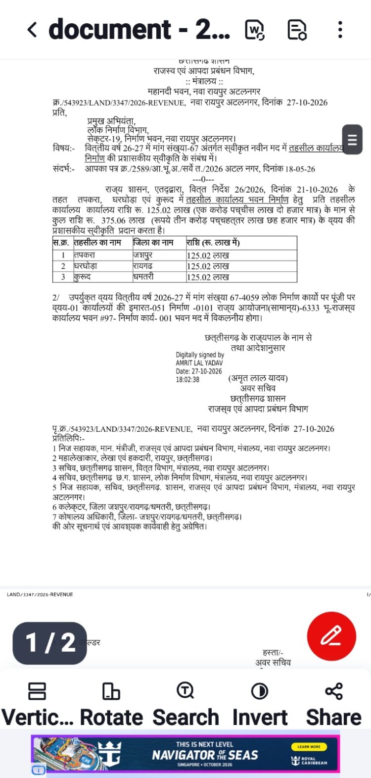 तपकरा में नए तहसील कार्यालय भवन के निर्माण के लिए 1 करोड़ 25 लाख रुपये की मिली प्रशासकीय स्वीकृति